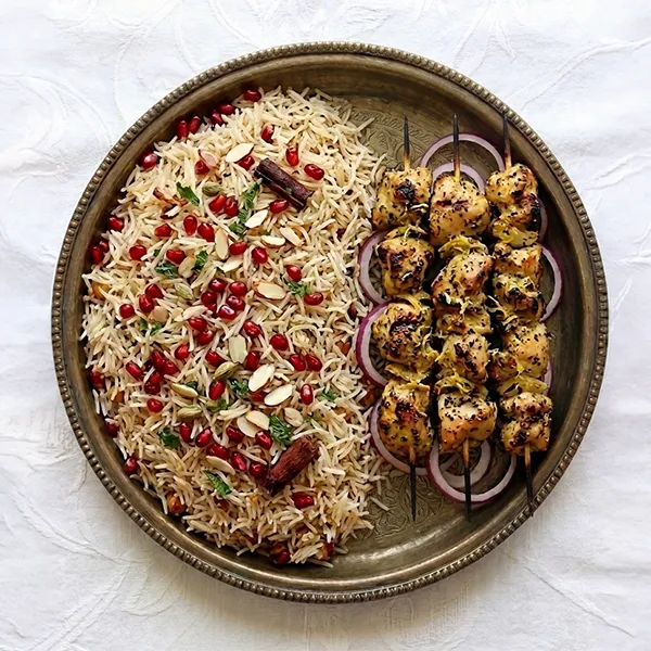 Lemon Pepper Chicken Tikka With Pomegranate Pilaf